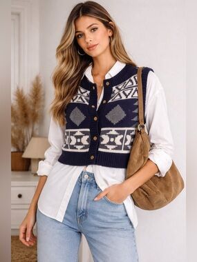 Aucedudu Nordic Knit Sweater Vest|  Size L | Cropped Boho Western